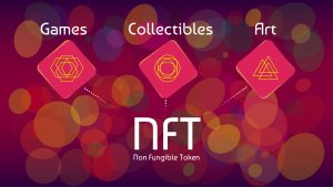 NFT non-fungible tokens infographics on colorful abstract background. 