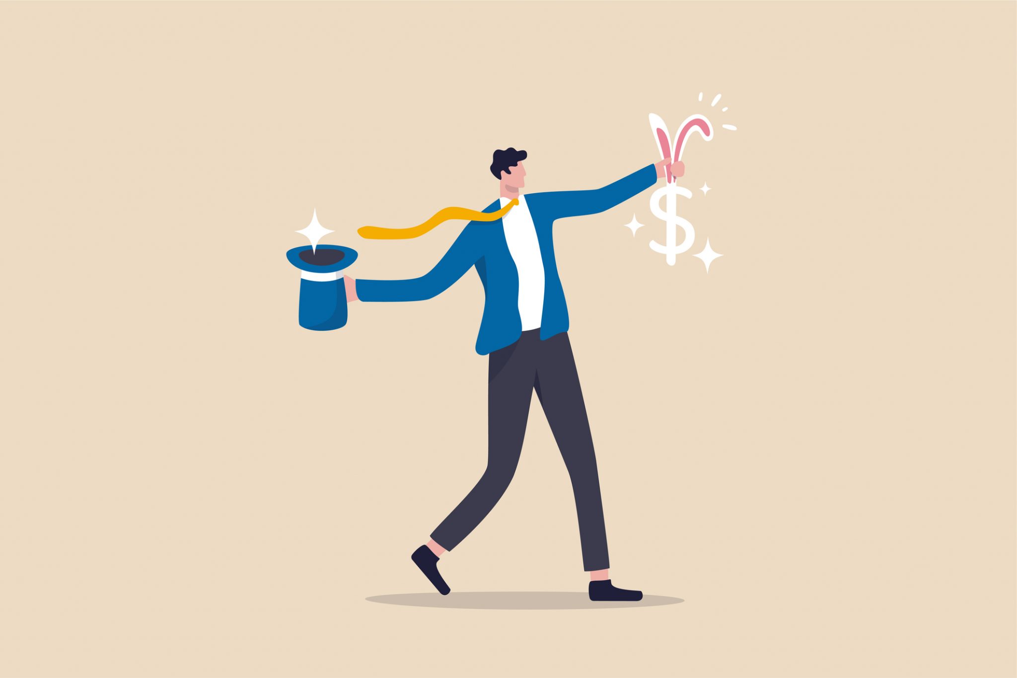 Illustration of man pulling dollar sign with rabbit ears out of top hat